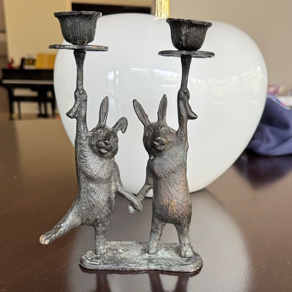 Vintage Whimsical Bronze Rabbit Candle Holder - Picture 2 of 8